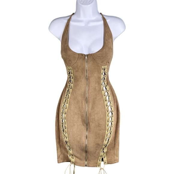 Better Be L Tan Vegan Suede Mini Dress Zip Front Lace Up Stretchy Costal Cowgirl - Picture 1 of 16